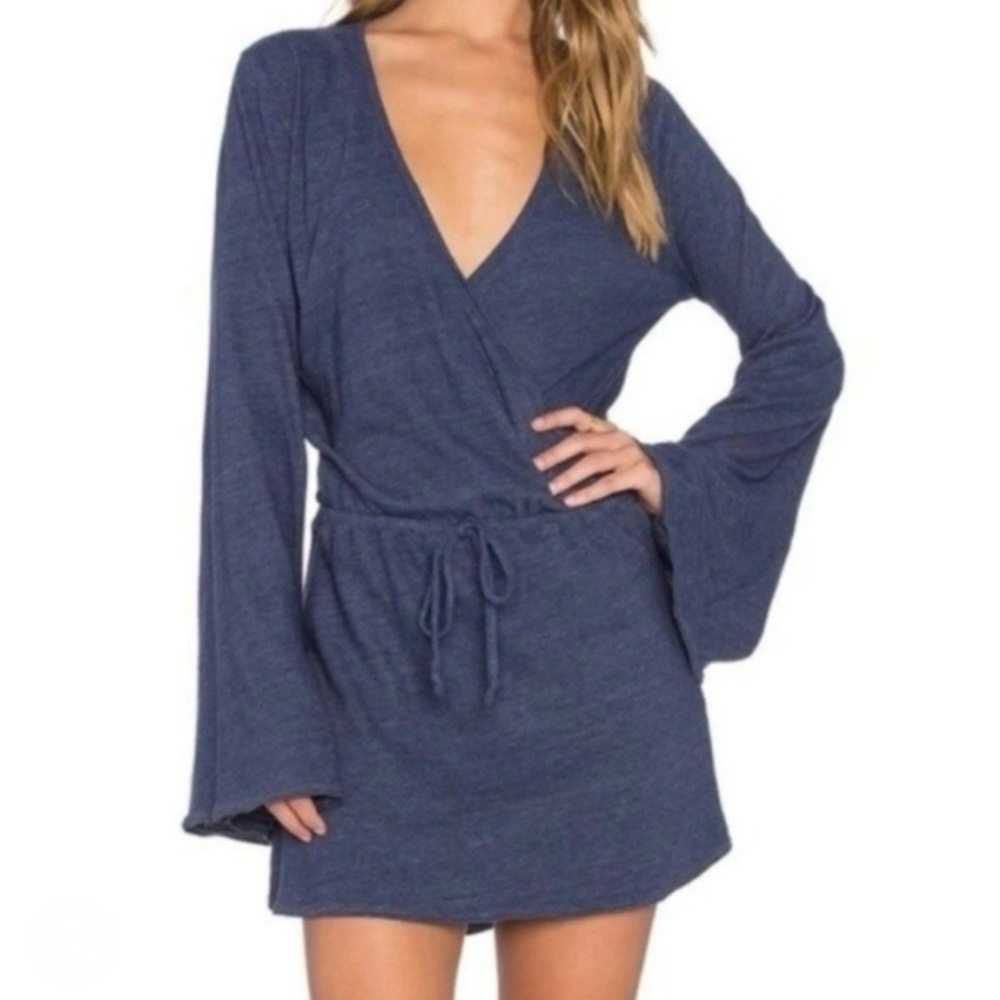 Chaser Surplice Faux Wrap Mini Dress Navy Bell Sleeves Drawstring Women Small